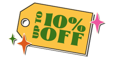 Yellow tag with stars and Green text for up to 10% off products