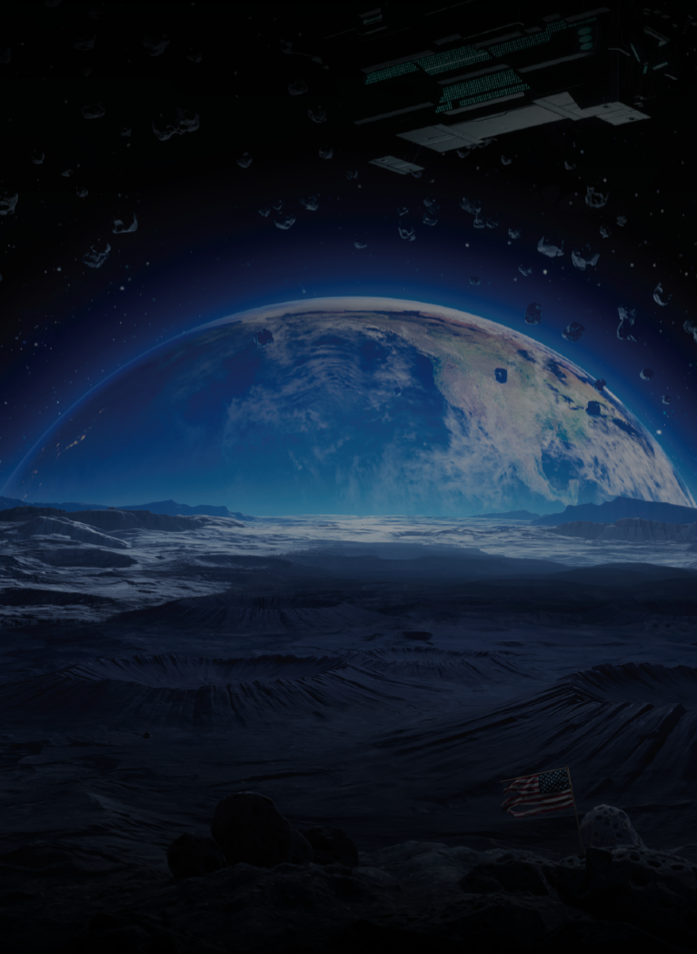 Sci-fi galaxy background with glowing Blue planet and asteroids floating