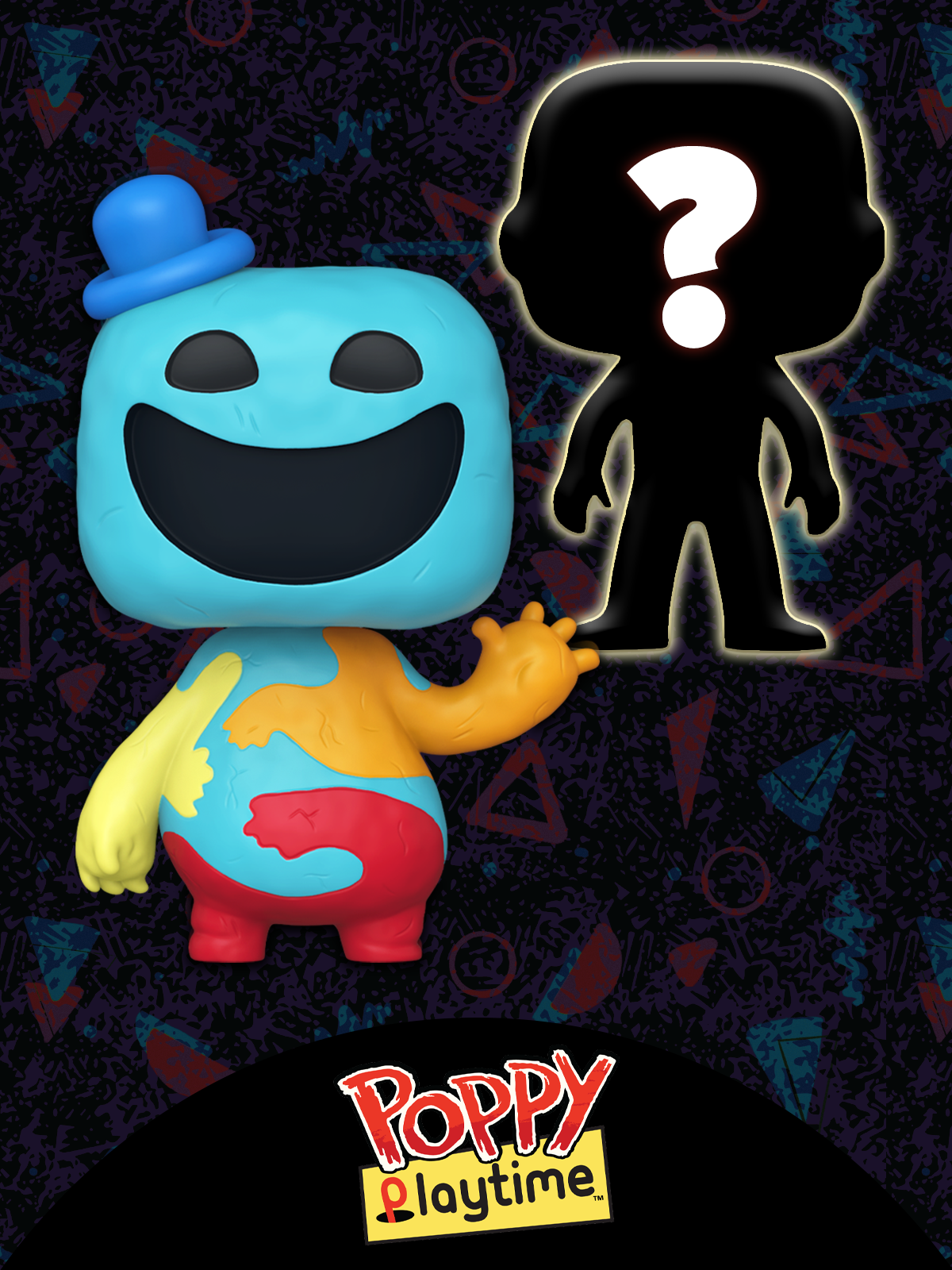 Dark retro pattern with faded effect featuring Funko Pop! Poppy Playtime vinyl collectibles
