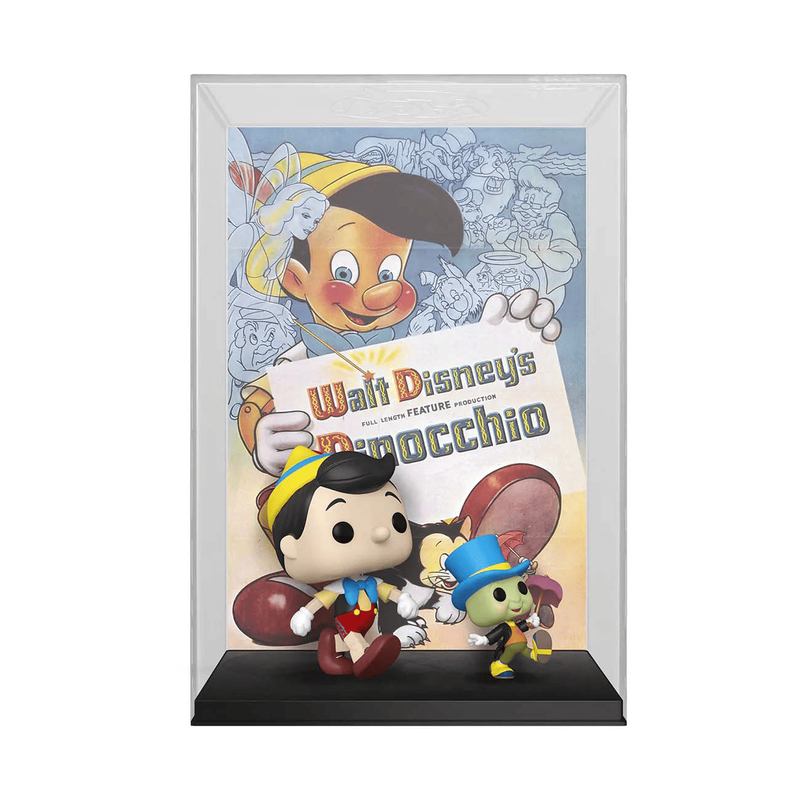 The Pop! Movie Posters Pinocchio and Jiminy Cricket features the original poster artwork from Disney’s Pinocchio, along with Funko Pops! of Pinocchio and Jiminy posed in a walking stance. The artwork and collectibles appear in a transparent acrylic display case.