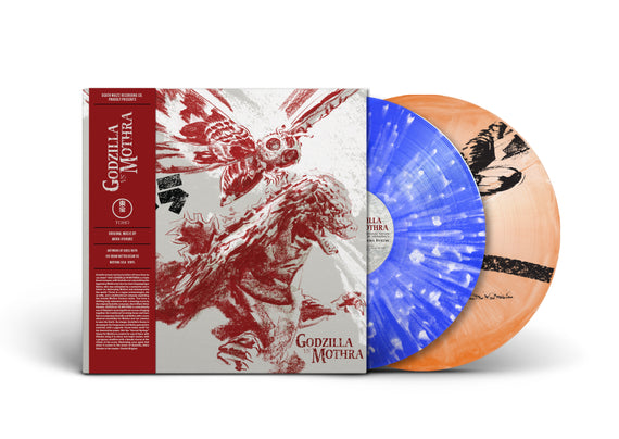 Mondo's Godzilla vs. Mothra: The Battle for Earth, featuring vivid red and white outlines of Mothra and Godzilla in action. Vivid blue and soft orange-colored vinyl records are displayed with the cover art.