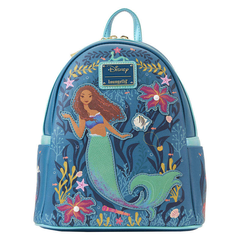 Loungefly Disney The Little Mermaid Live Action Mini Backpack, featuring Ariel under the sea, surrounded by ocean-themed creatures and plant life