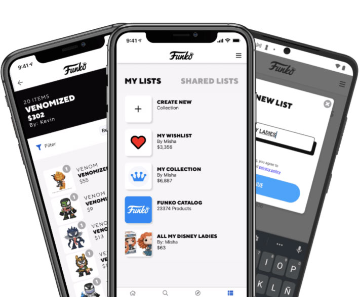 Three phones with Funko downloadable app onscreen