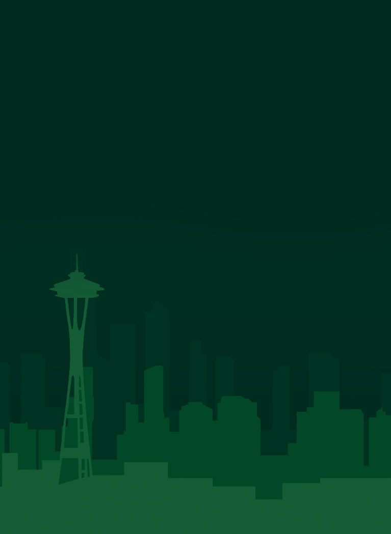 Dark Green gradient background with Seattle skyline