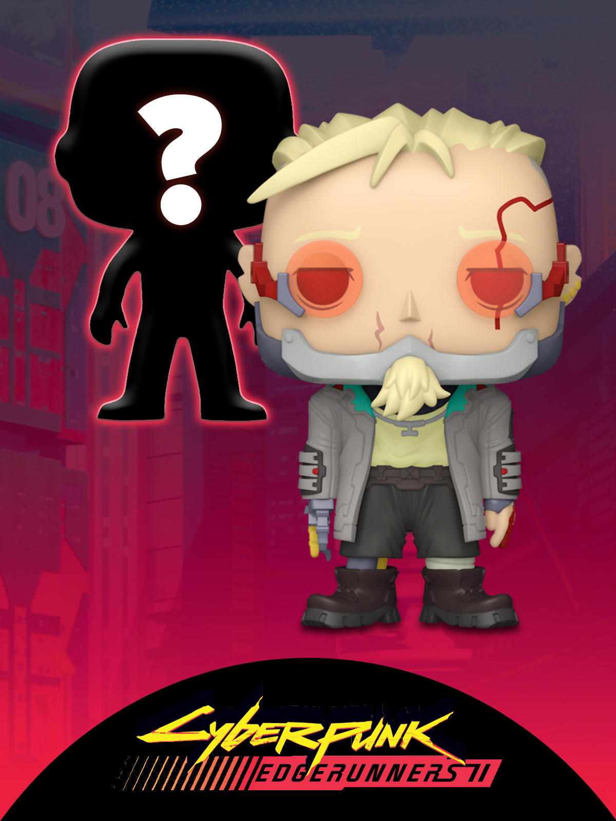 Purple Red gradient overlay with sci-fi city background featuring Funko Pop! Cyberpunk vinyl collectibles