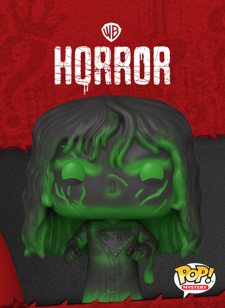Red background with question mark pattern and box rip featuring Funko Pop! Mystery Warner Bros. Horror line