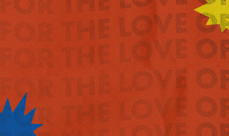 Orange background with "For the Love of POP!" text overlay pattern and Blue/Yellow color bursts