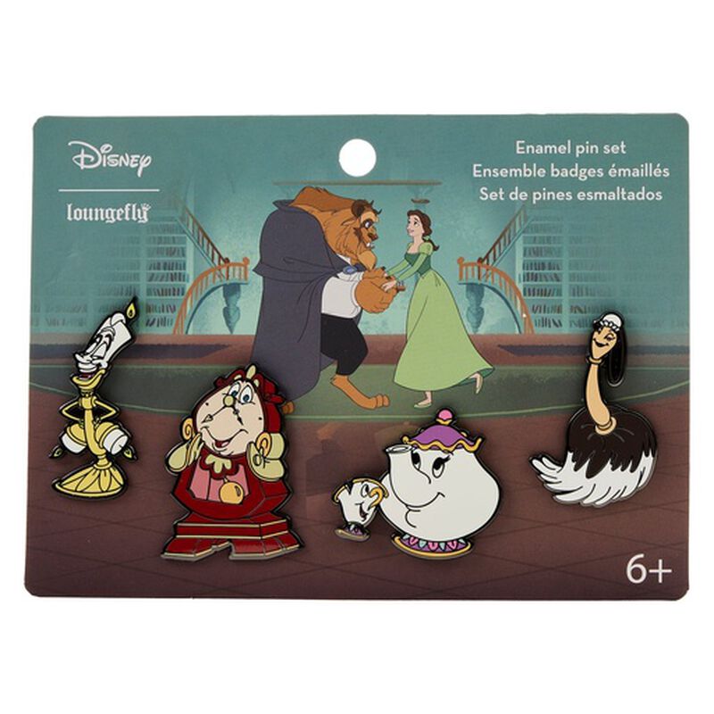 Loungefly Disney Beauty and the Beast 4-Pin Set, featuring Mrs. Potts and Chip, Fifi, Cogsworth, and Lumière 