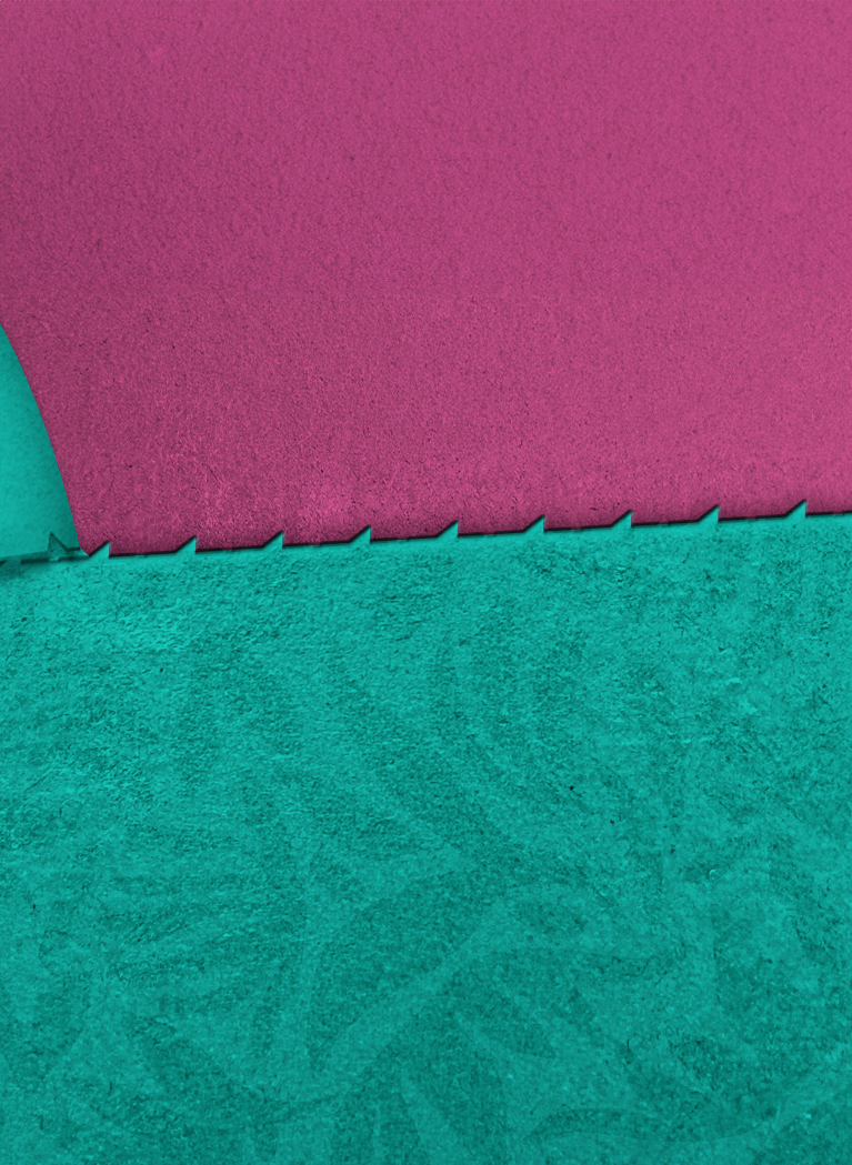 Teal background with floral pattern and box rip pattern exposing Dark Purple background with texture