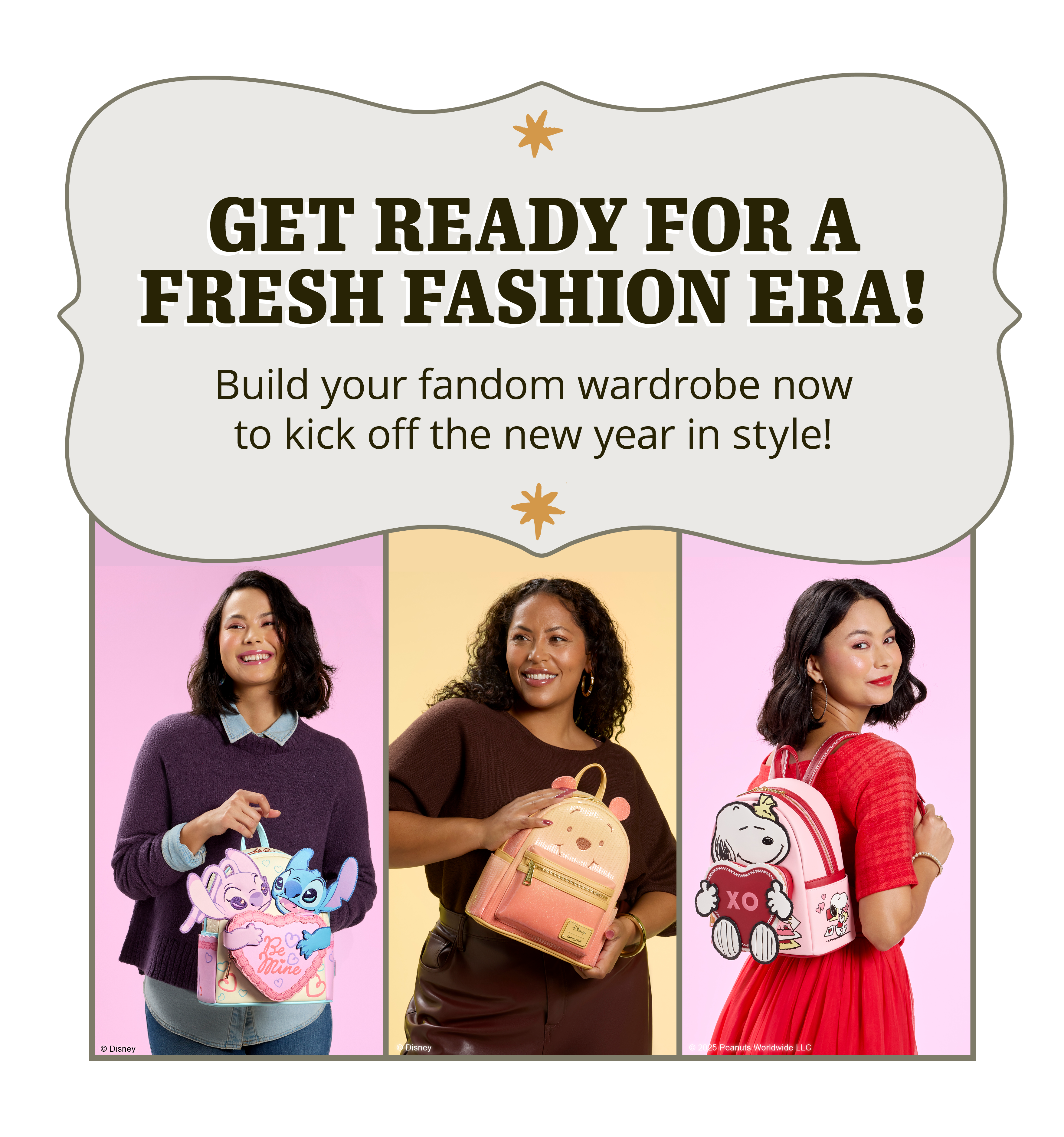 Loungefly New Arrivals collage with holiday messaging