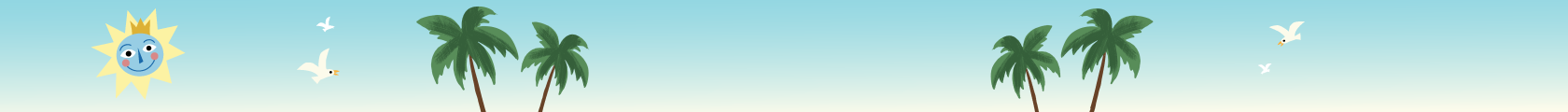 Blue to Tan gradient background with cartoon palm trees, birds, and sun