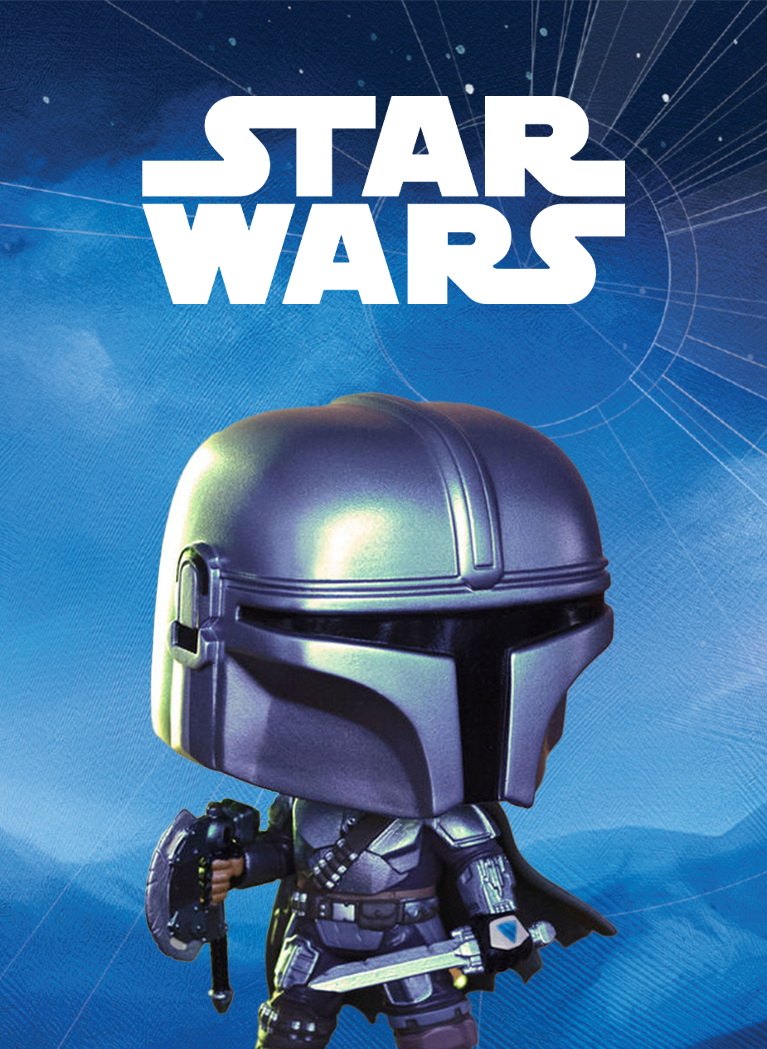 Dark Blue sci-fi background with rolling hills and fog featuring Funko Pop! Star Wars vinyl collectibles