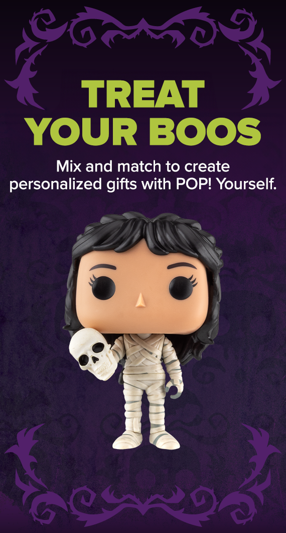 Purple gradient background with spooky skull seamless pattern and Funko Pop! Yourself Halloween accessories