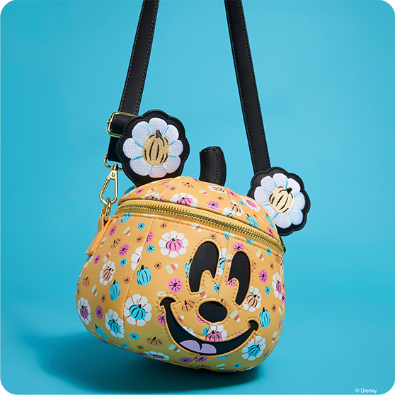 Blue background featuring Loungefly Disney Mickey Floral Pumpkin crossbody