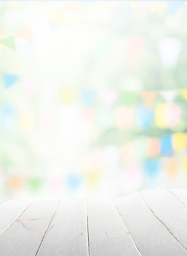 White wooden floor with blurred tree background and flags