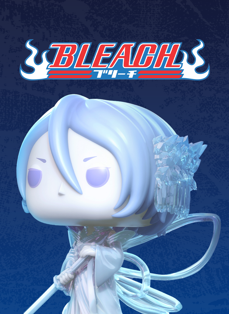 Dark Blue gradient background with subtle grunge texture featuring Funko Pop! Bleach vinyl collectibles