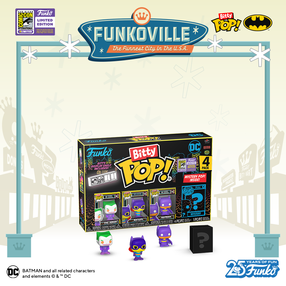 It's a bitty blacklight Batman adventure! Leap into action to collect this colorful, miniature 4-pack of classic DC Batman heroes and villains in blacklight decos.