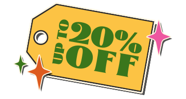 Yellow tag with stars and Green text for up to 20% off products