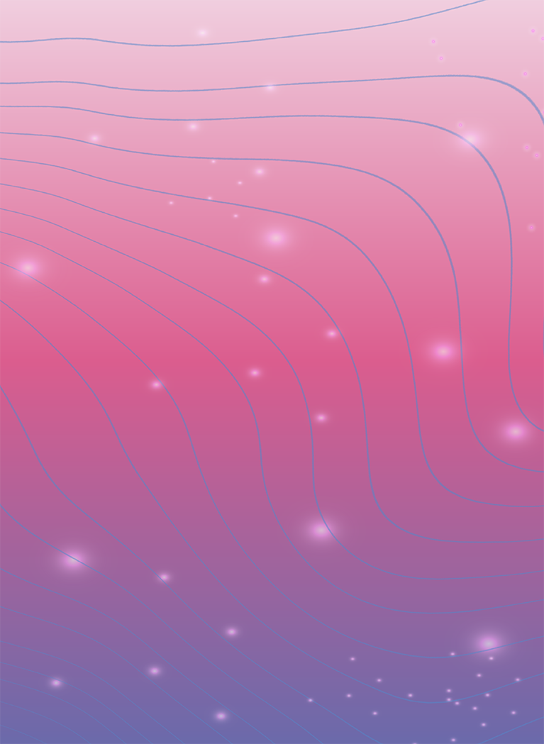 Pink to Purple gradient background with Pink orbs and Blue wavy lines