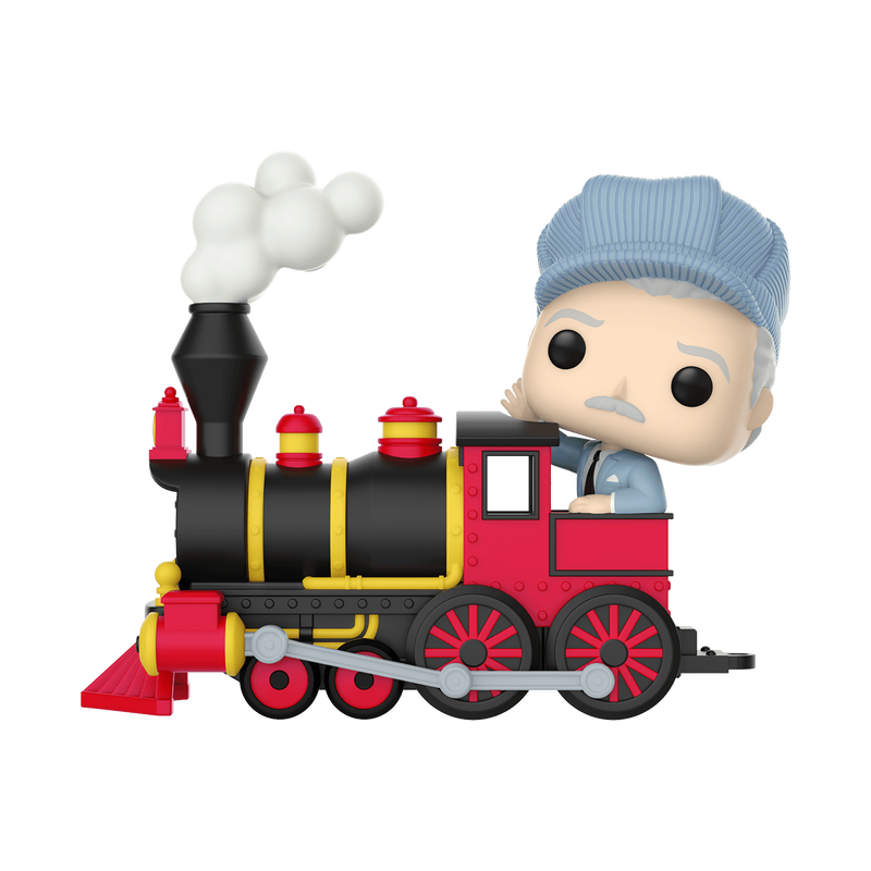 Pop! Walt Disney wears a train conductor's hat and a suit while waving from the Disneyland train locomotive. A hidden Mickey silhouette appears in the train's steam. cloud.