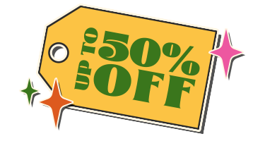 Yellow tag with stars and Green text for up to 50% off products