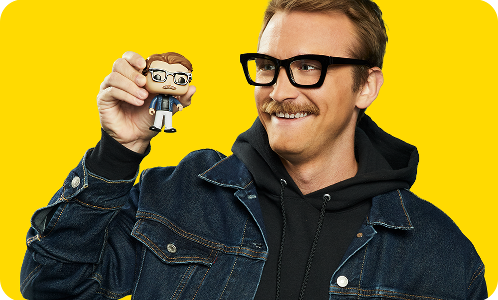 Yellow background with Dad holding a personalized Funko POP! Yourself vinyl figure with glasses