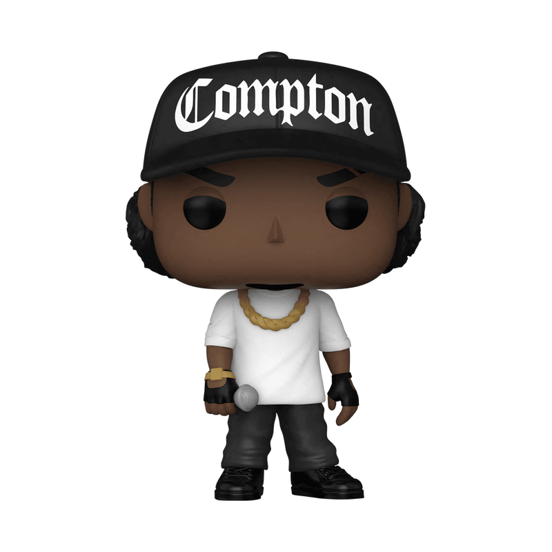 Pop! Eric "Eazy-E" Wright, microphone in hand, wearing his Compton hat