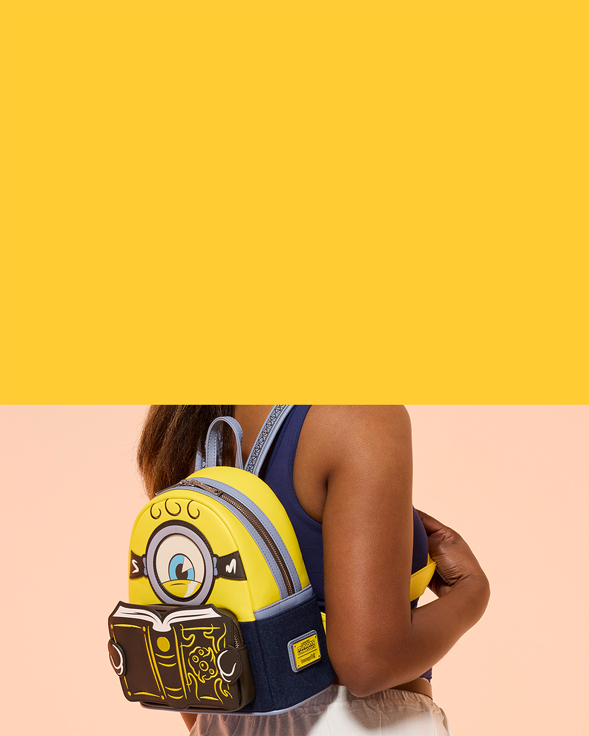 Solid Yellow background on left with tan background and model wearing Loungefly Illuminations Minions mini backpack