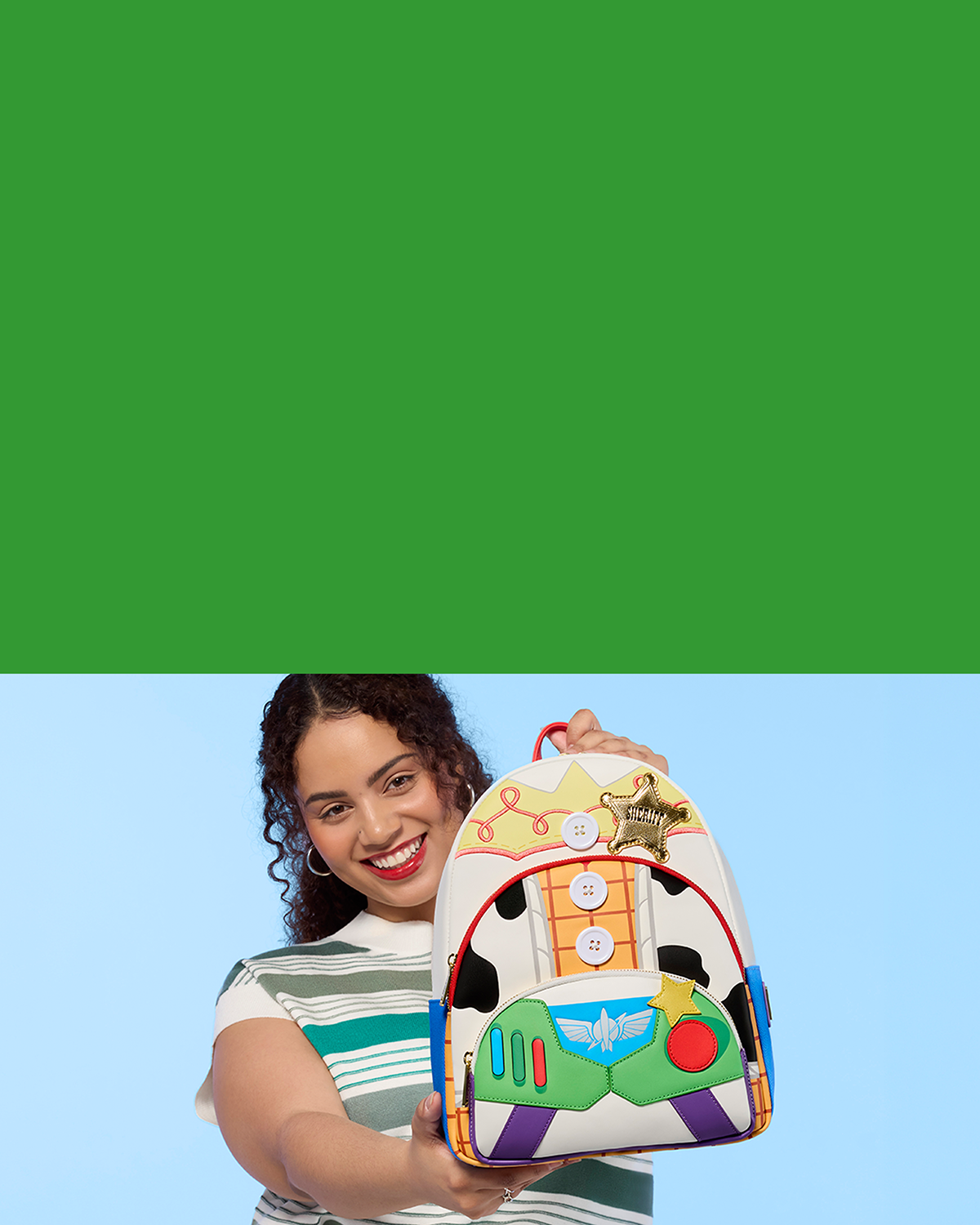 Blue background with model showcasing Loungefly Disney Pixar Toy Story 5 Mini Backpack and solid Green background on right