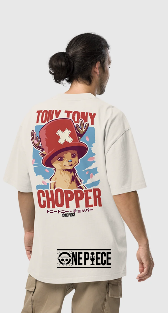 Gray background with model wearing One Piece Chopper tee