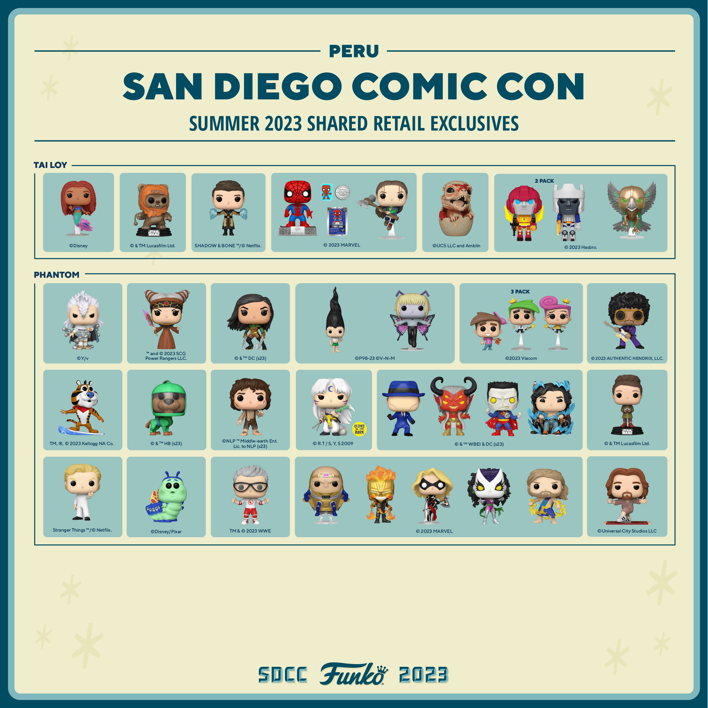 This just in from the Funkoville Visitor's Center, here is the 2023 SDCC Shared Retailer Guide for Peru!