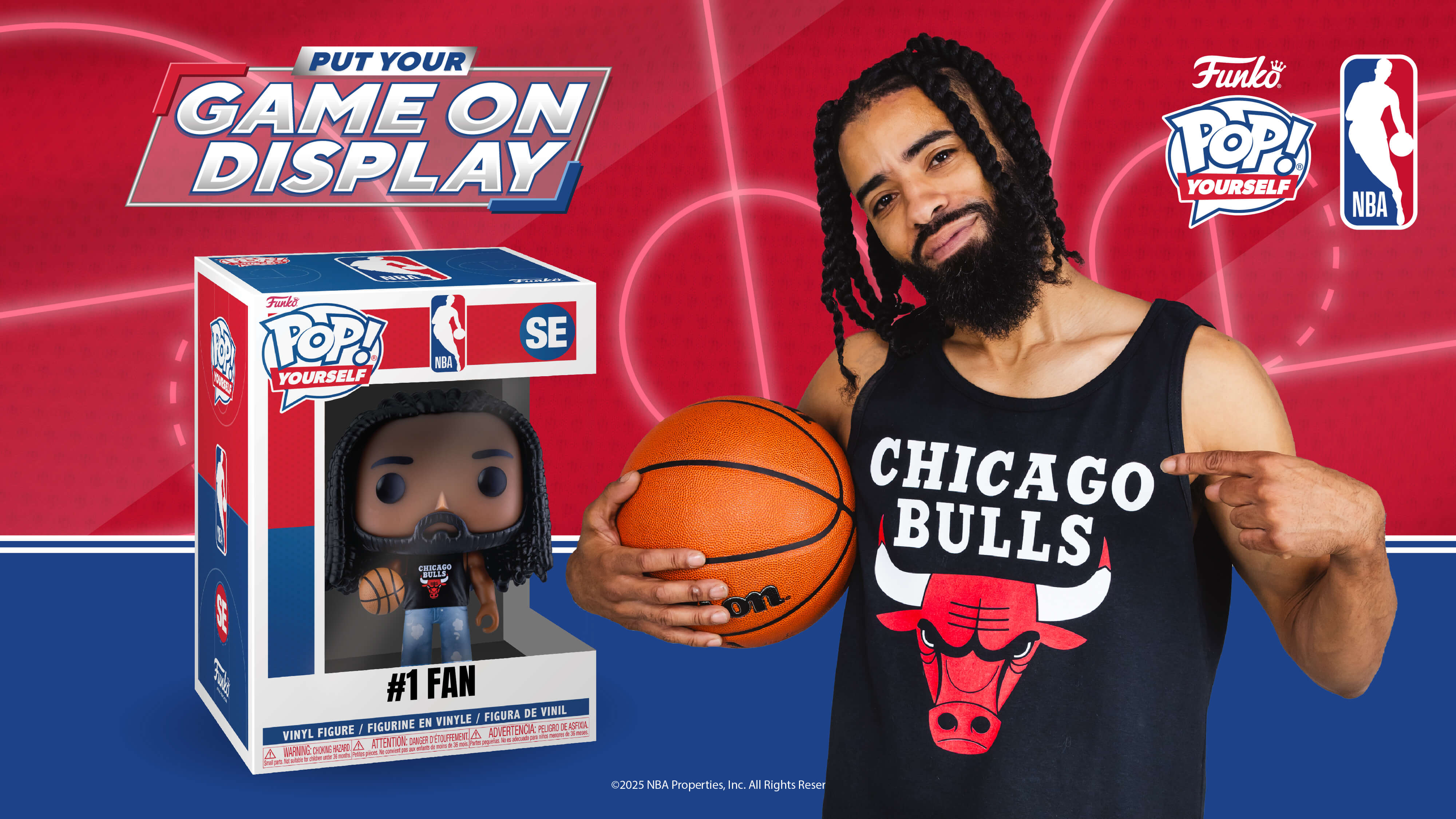 This image displays a male NBA Chicago Bulls fan. He's wearing a tank top with the Chicago Bulls team logo. He's pointing to the logo with one hand and holding a basketball in the other. His POP! Yourself figure appears in a Funko POP! box. The figure has his locs, goatee, and skin tone--and is wearing his Chicago Bulls tank top.