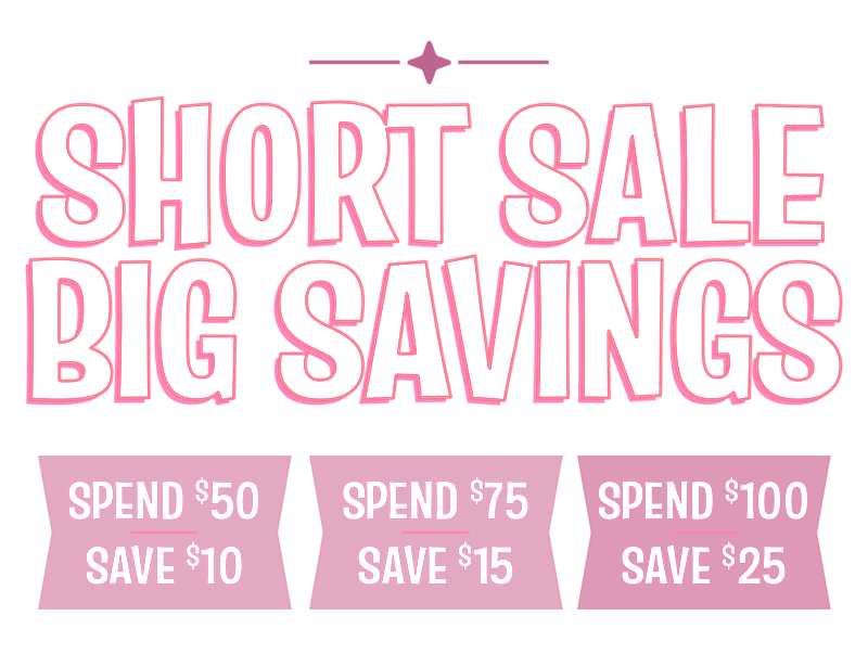 White and Pink text for Funko's Spend & Save - Short Sale, Big Savings
