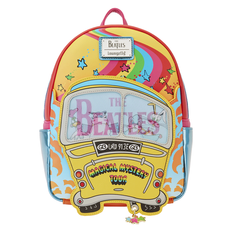 Loungefly Beatles Magical Mystery Tour Bus Mini Backpack with lenticular features of the Beatles logo in the windshield