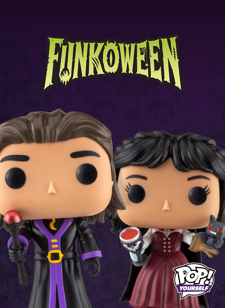 Dark Purple background with Funkoween logo and Pop! Yourself Halloween accessories