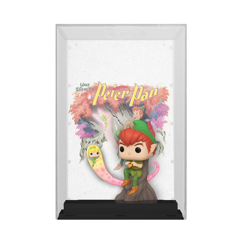 The Pop! Movie Posters Peter Pan and Tinker Bell features the original poster artwork from Disney’s Peter Pan, along with Funko Pops! of Tinker Bell and Peter Pan. Peter Pan sits on a rock while playing his flute, and Tinker Bell flies nearby while a trail of multicolored pixie dust appears behind her and Peter. The artwork and collectibles appear in a transparent acrylic display case.