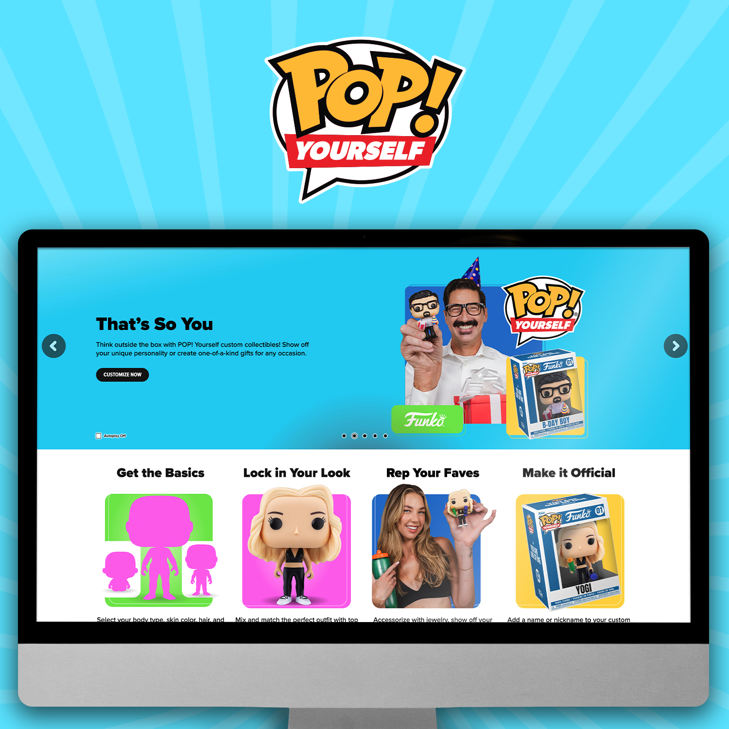 Baby Blue swirl background with computer screen showcasing Funko POP! Yourself. Click to learn more about custom POP!s