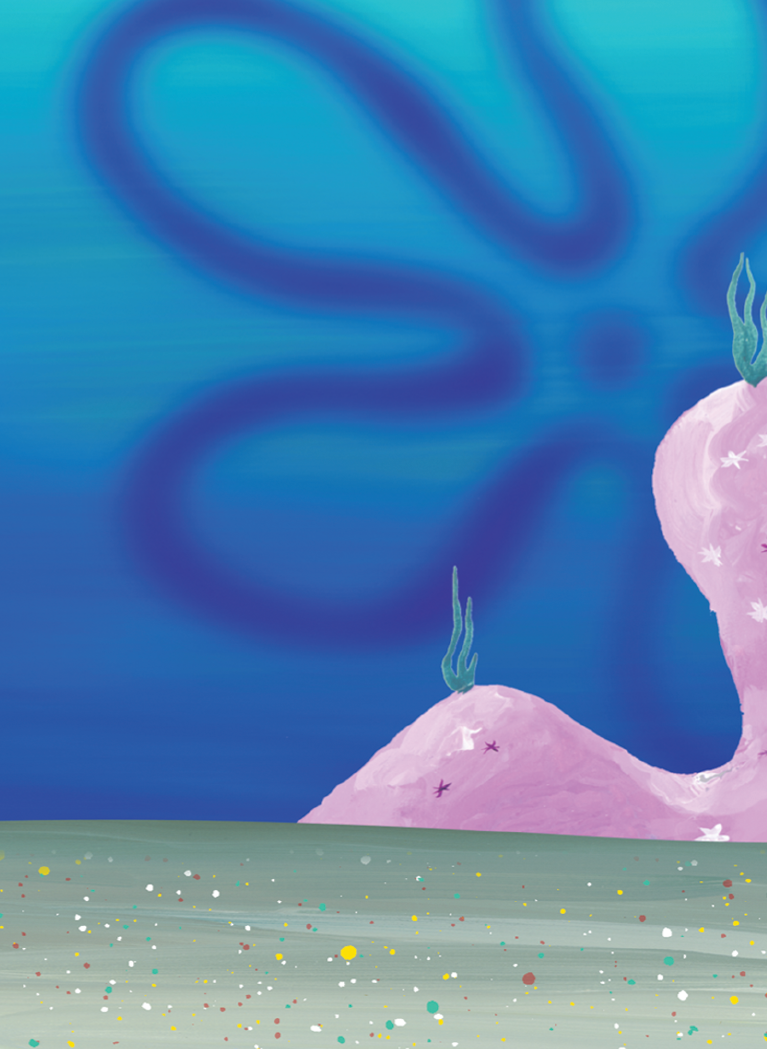 Cartoon background with Blue sea sky with flower clouds and Pink coral mountains