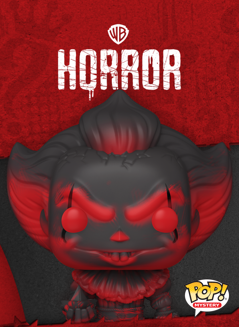 Red background with question mark pattern and box rip featuring Funko Pop! Mystery Warner Bros. Horror line
