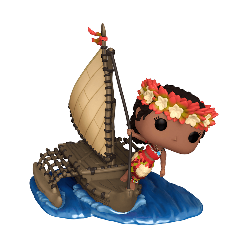 Pop! Moana sails in a Polynesian outrigger canoe. Wearing her traditional clothing and headdress, she leans forward while holding onto a rope connected to the boat's mast. Ocean waves appear below.