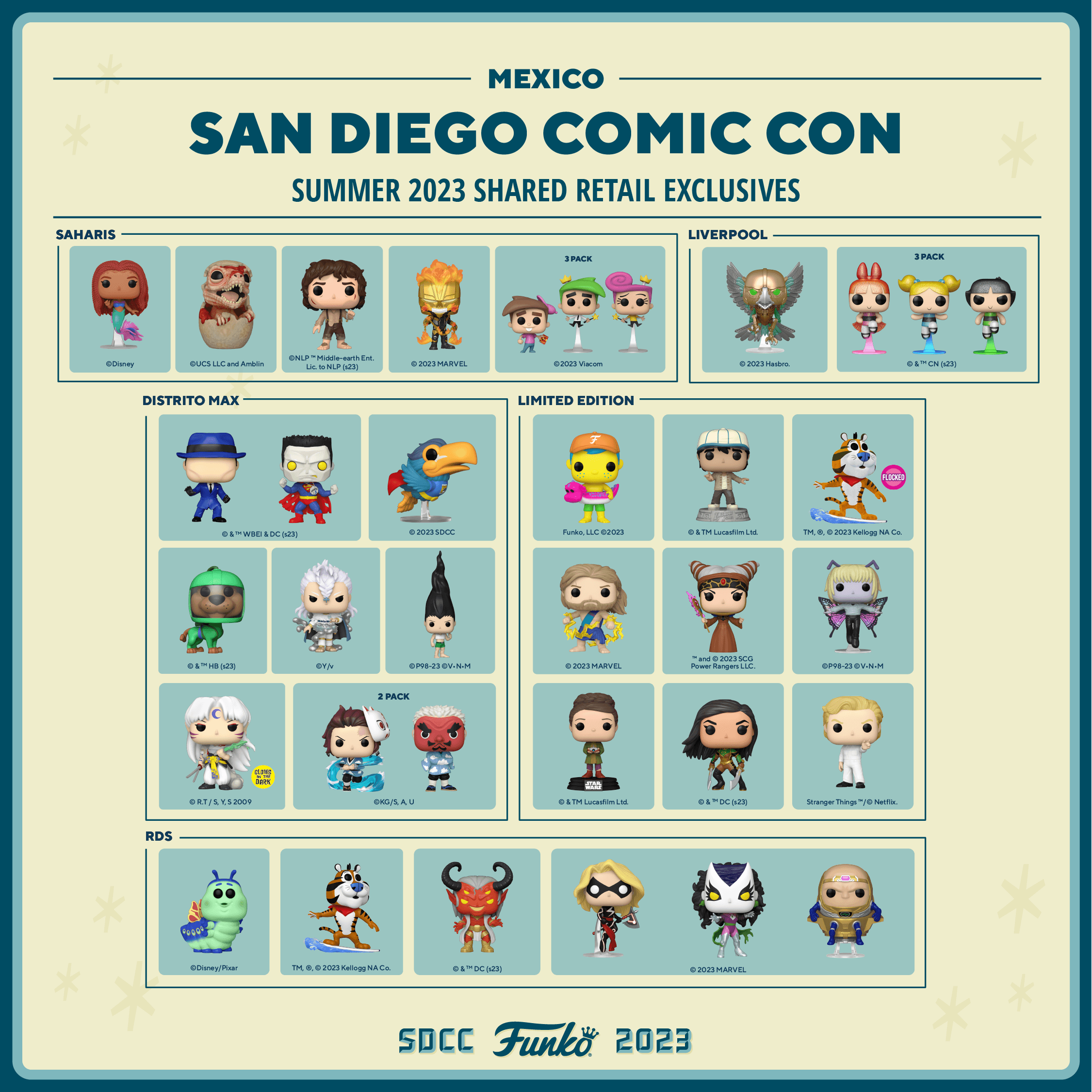 This just in from the Funkoville Visitor's Center, here is the 2023 SDCC Shared Retailer Guide for Mexico!