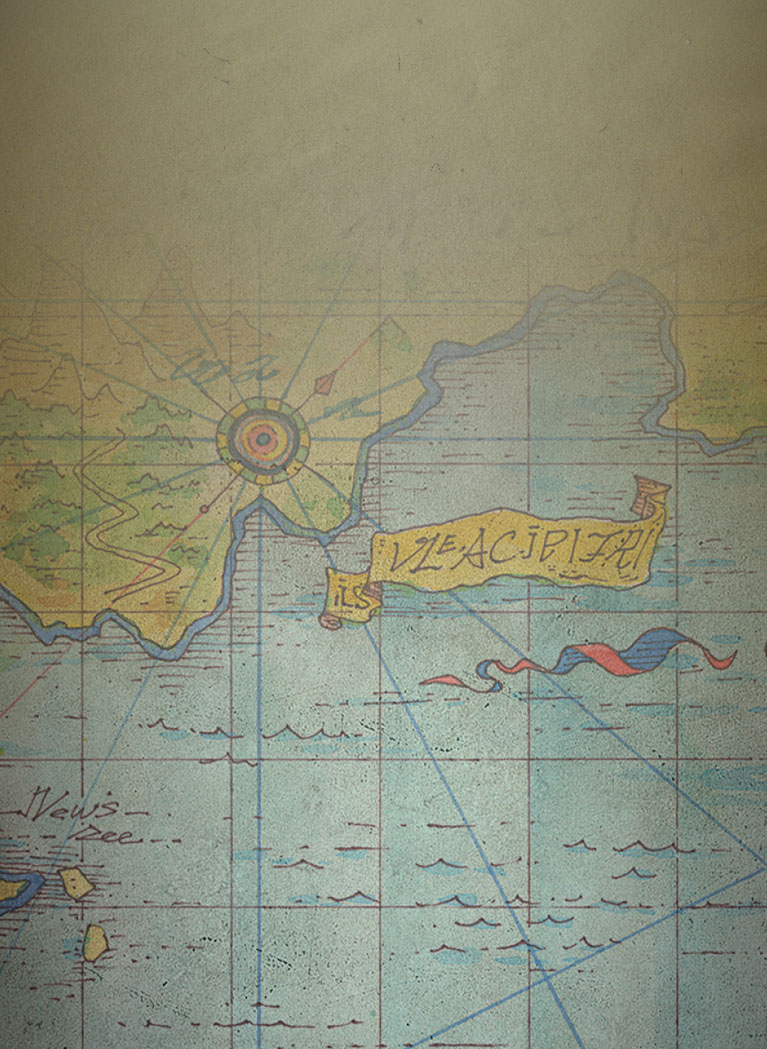 Cartoon animated pirate map background with subtle tan overlay