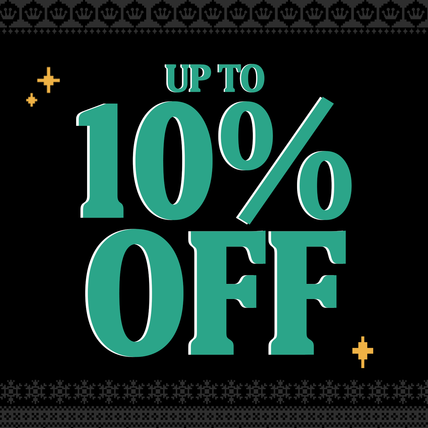 Black background with Gray ugly Christmas sweater pattern and Teal text for Funko's Black Friday sale. Click to shop up to 10% Off