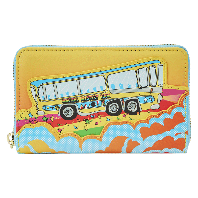 Loungefly Beatles Magical Mystery Tour Bus Zip-Around Wallet, featuring a bright yellow bus and a colorful road with swirling clouds