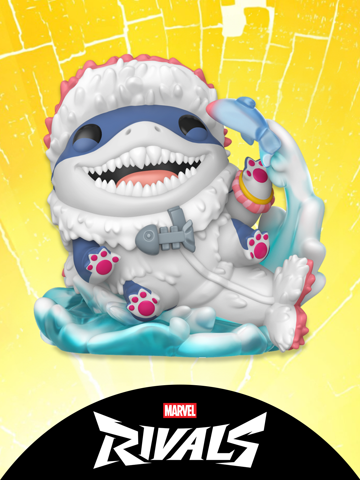 Yellow cracked background featuring Marvel Rivals vinyl collectibles