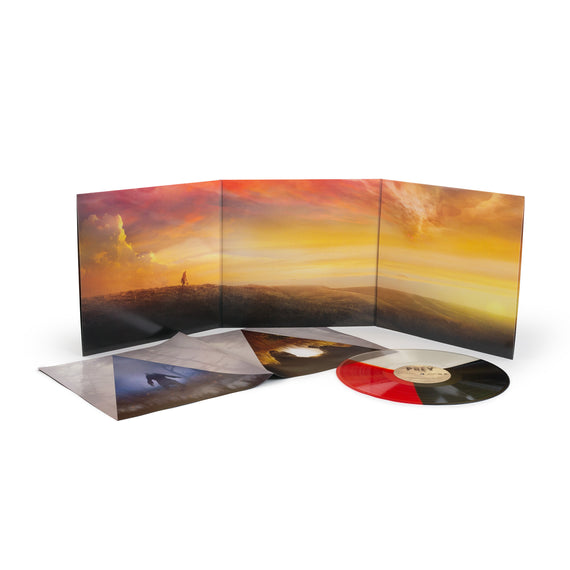 Mondo's Prey Original Soundtrack Record and Cover Art, featuring rich landscapes and a vinyl record in color blocks of vibrant red, black, and white.