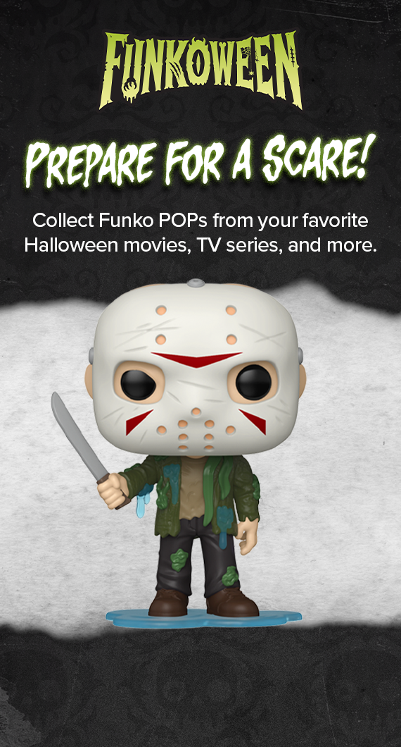 Dark background with wallpaper pattern with Funko Funkoween logo in Green and white text to collection Halloween Pop!s and more
