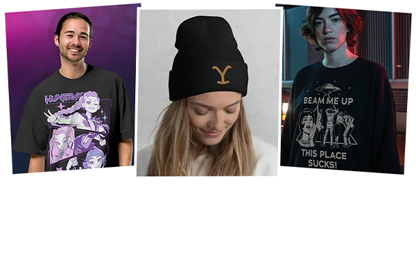 Collage of models wearing fandom apparel - shop the Merch Lab at Funko