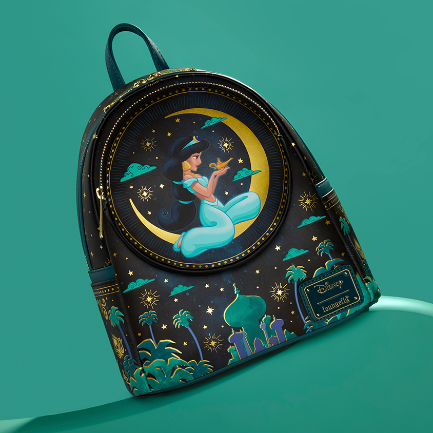 Teal background featuring Loungefly Disney Aladdin Jasmine Exclusive Mini Backpack