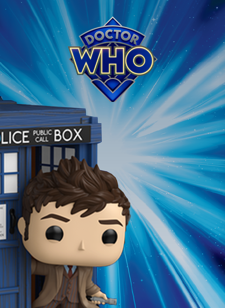 Blue lightspeed background with BBC Doctor Who logo featuring Pop! Rides Deluxe Tardis with Tenth Doctor
